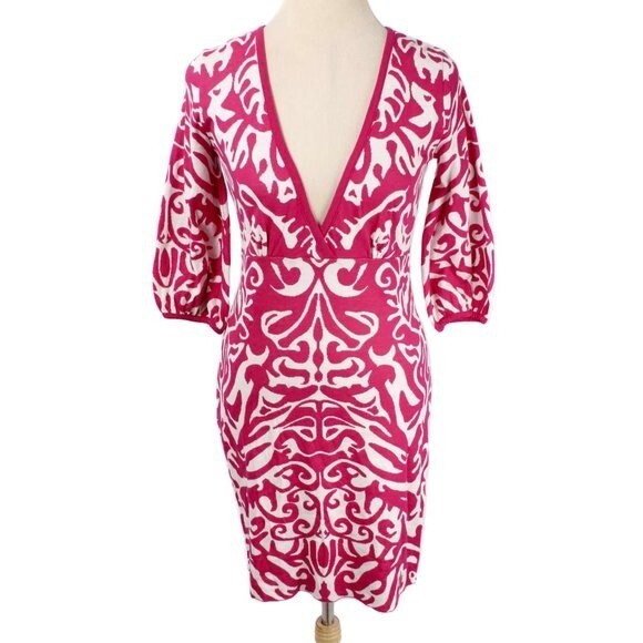 LAUNDRY BY DESIGN Fuchsia & White Filagree Knit Plunging Neckline Dress NWT - Picture 2 of 5